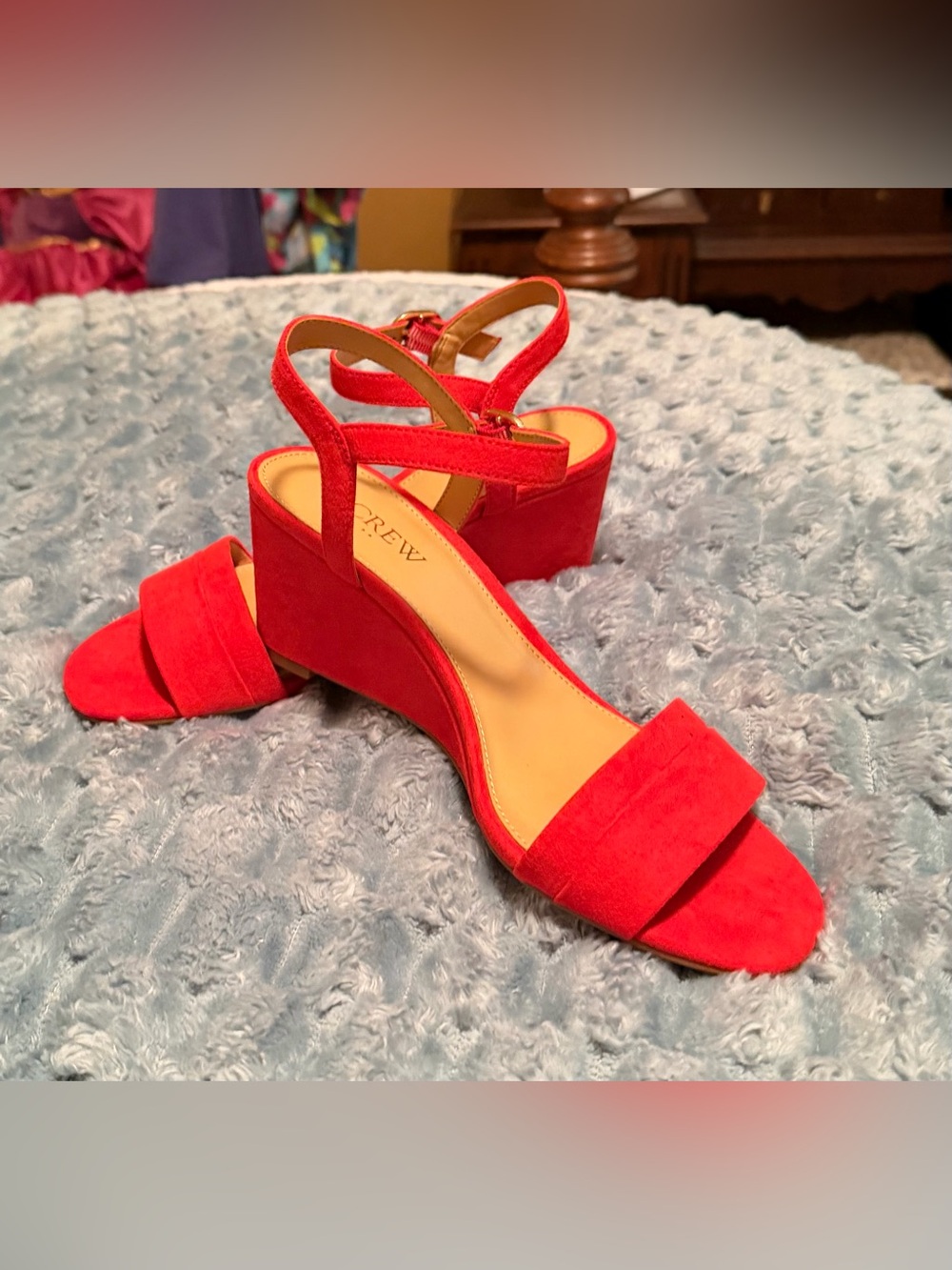 J. Crew Bright Red Suede Ankle-Strap Wedge Sandals